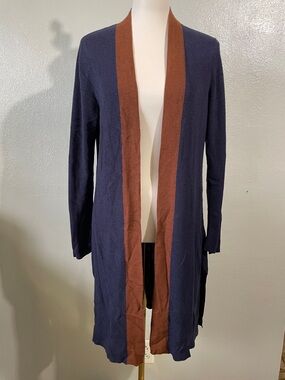 Eileen Fisher Tencel Silk Blend Longline Open Cardigan Navy Camel Layering Small